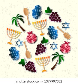 Vector illustration for Israel, symbols of Israel. Israel symbols set of design elements. Hamsa, Menorah, Pomegranate, Grape, Honey spoon, Palm tree vector icons