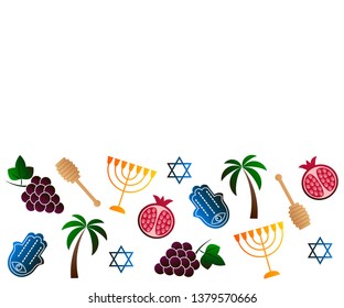 Vector illustration for Israel, symbols of Israel. Israel symbols set of design elements. Hamsa, Menorah, Pomegranate, Grape, Honey spoon, Palm tree vector icons