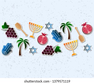 Vector illustration for Israel, symbols of Israel. Israel symbols set of design elements. Hamsa, Menorah, Pomegranate, Grape, Honey spoon, Palm tree vector icons