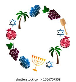 Vector illustration for Israel, symbols of Israel. Israel symbols set of design elements. Hamsa, Menorah, Pomegranate, Grape, Honey spoon, Palm tree vector icons