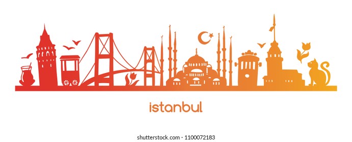 Vector illustration Istanbul with colourful gradient silhouette of famous turkish symbols and landmarks. Hand drawn elements of tower, bridge, tram, mosque in Turkey. Horizontal banner design