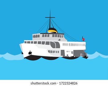 Vector Illustration of Istanbul Ferry, Vintage Ship Istanbul Bosphorus, Landscape Hand Drawn