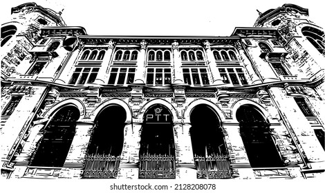 Vector, illustration of The Istanbul Grand Post Office (Turkish: Buyuk Postane) is an office building for postal services located at located at Sirkeci quarter of Fatih district in Istanbul.