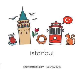 Vector illustration Istanbul with hand drawn doodle turkish symbols: Galata tower, tea glass, tram, simit bagel, seagull, tulip and a national flag of Turkey. Bright colorful elements on white.