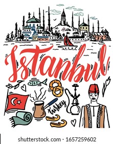 Vector illustration Istanbul with hand drawn sketch turkish symbols. Simple minimalistic style with black outline and red elements. Landmark, symbol, culture and travel.  Symbols of Turkey design.