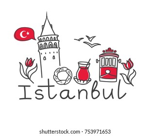 Vector illustration Istanbul with hand drawn doodle turkish symbols: the Galata tower, tea glass, simit, tram, seagull, tulip and a national flag of Turkey. Simple minimalistic design of black outline