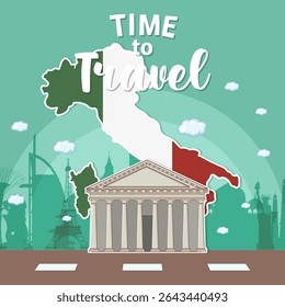Vector illustration of Italian architecture with a map backdrop. Features vibrant colors and a travel theme