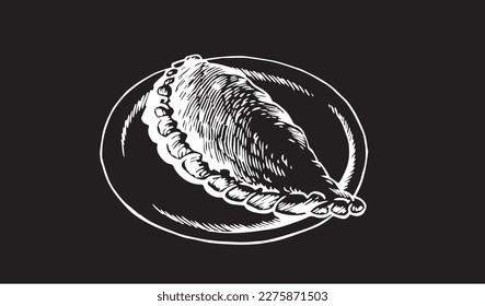 Vector illustration of Italian calzone on a plate on black background, food element for design