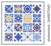 Vector illustration of Italian ceramic pattern of blue and white tiles. Mediterranean porcelain ceramics. Ethnic folk ornament. Mexican talavera, Portuguese azulejo, Spanish majolica. Element for your