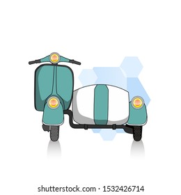 Vector illustration of an Italian classic motor with additional side seating in detail and semi-realistic. Front look. With a white background, isolated.