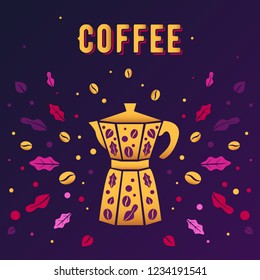 Vector illustration with Italian coffee maker and text Coffee. Violet color. Modern style