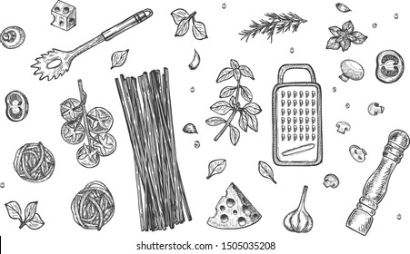 Vector illustration of Italian cuisine ingredients set. Pasta still life. Spaghetti, herbs and spices, basil, tomatoes, cheese grater, pepper mill, strainer. Vintage hand drawn style.