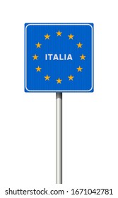 Vector illustration of the Italian European Border blue road sign on metallic pole