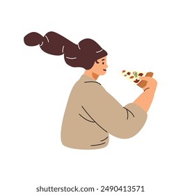 Vector illustration of an Italian fast food restaurant with a girl holding a slice of pizza with mushrooms, cheese and herbs. Ideal for the design of a pizzeria