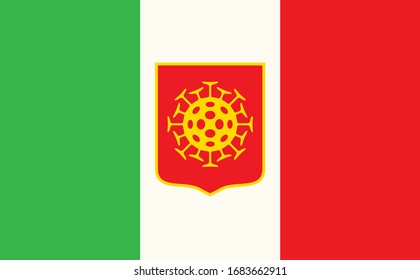 Vector illustration of the Italian flag with a Covid-19 virus cell. Banner on the theme of coronavirus infection and the epidemic in Italy. Novel 2019-ncov outbreak. A global pandemic