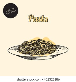 Vector illustration Italian food  Background consist colored plate   pasta  Sketch art style  