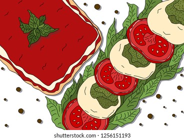 Vector illustration of italian food. Italian lasagna and caprese salad. Tasty food. Doodle food.