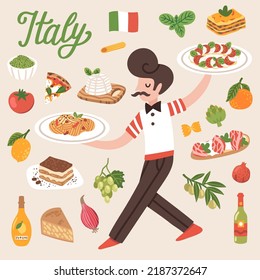 Vector illustration with Italian food and waiter serving food. Food illustration with traditional Italy cuisine and waitstaff in uniform. Set of local dishes, desserts, vegetables and drinks