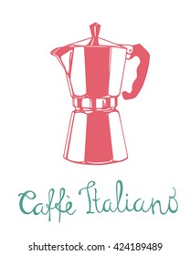 Vector illustration of Italian moka pot hand drawn with pen and ink. Beautiful design elements, perfect for coffee shops and cafes.