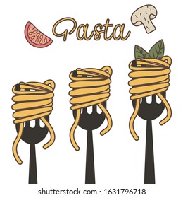 Vector illustration of italian pasta, fork, tomato, mushoom, basil