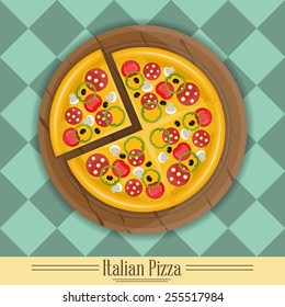 Vector illustration. Italian Pizza and The Ingredients for Pizza on the Pizza Plate.