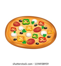 Vector illustration. italian pizza margarita with tomatoes, pepper and mozzarella and olives, isolated on white.