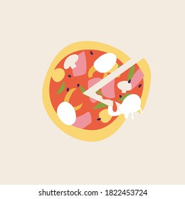 Vector illustration italian pizza with meat, tomato sause and mozzarella cheese. Fast food icon