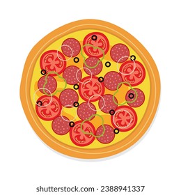 Vector illustration of italian pizza with salami, tomatoes, onions, olives, bell pepper isolated on white background top view.
