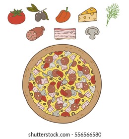 Vector illustration of italian pizza with tomato, cheese, olive, sausage, bacon, mushroom and paprika. Ingredients for cooking pizza. 