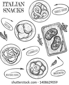 Vector illustration of italian snacks set. Top view of ciambelle, crostini, taralli savory, bruschetta, meatball buns on plates and wooden cutting board decorated with spice leaves. Vintage hand drawn