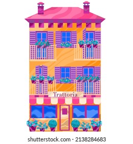 Vector illustration with Italian style house. Villa with cafe and flowers. Architecture isolated.