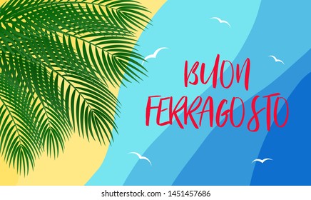 Vector illustration for italian traditional august holiday Buon Ferragosto or Catholic feast of the Assumption of Mary. Happy Ferragosto summer holiday in italian language on sea background.