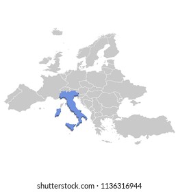 Vector illustration of Italy in blue on the grey model of Europe map.