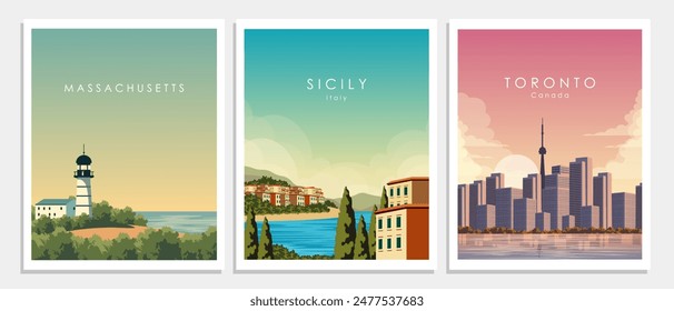 Vektorillustration. Italien, Kanada, USA, Poster-Kollektion. Wandposter, Banner, Karten, Umschläge. Tourismus, Reisen, modernes Design.