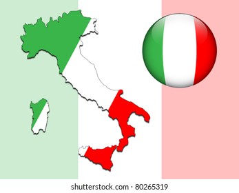 Vector illustration of Italy flag on map and in glossy ball