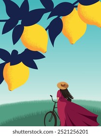 Ilustração vetorial. Itália, jardim, menina e bicicleta. Capa, cartaz, faixa. Design moderno.