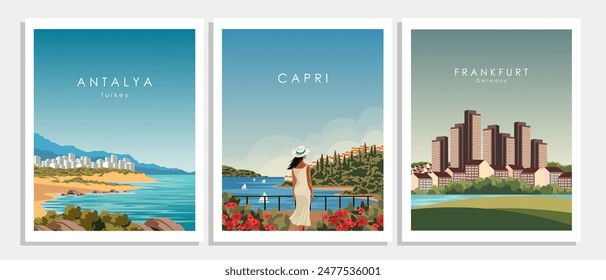 Ilustración vectorial. Italia, Alemania, Türkiye, diseño de carteles, colección. Anuncios, postales, portadas. Turismo, viajes.