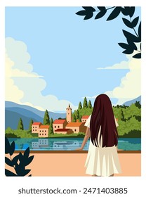 Ilustración vectorial. Italia. Lago. La chica mira al pueblo. Diseño para póster, Anuncio, postal, portada. Diseño moderno. Viajes, turismo.