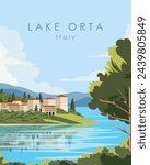 Vector illustration. Italy, Lake Orta. Tourist poster, banner, postcard. Travel, tourism.