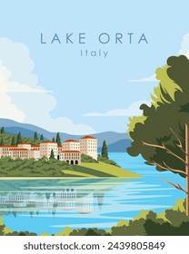 Vector illustration. Italy, Lake Orta. Tourist poster, banner, postcard. Travel, tourism.