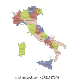 Vector illustration: Italy map with the borders of the regions. Administrative division of Italy. Regions of Italy. The capitals of the regions