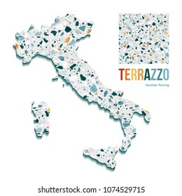 Vector illustration of Italy map filled with Terrazzo flooring pattern. Classic italian type of floor in Venetian style composed of natural stone, granite, quartz, marble, glass and concrete