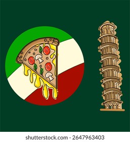 vector illustration of italy, pizza tower. travelling stickers with world's famous landmarks and tourist destinations elements. modern flat design.and Cartoon cheesy pepperoni pizza