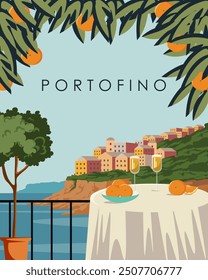 Ilustración vectorial. Italia. Portofino. Cartel de viaje, Anuncio, postal, cubierta. Café en la orilla del mar. Turismo. Viajes. Diseño moderno.