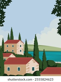 Vector illustration. Italy, poster. Hello summer, spring poster. Village, nature. Modern design.