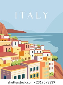 Ilustración vectorial. Italia, mar, complejo, pueblo, ciudad. Diseño para afiches, pancartas, postales. Turismo, Europa tour.