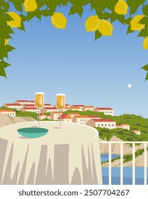 Vector illustration. Italy. Travel poster. Cafe, restaurant, champagne. Modern design. Tourism. Banner, poster, postcard, cover.