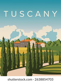 Vector illustration. Italy, Tuscany. Houses, nature. Cover, poster, postcard, banner. Tourism, travel.