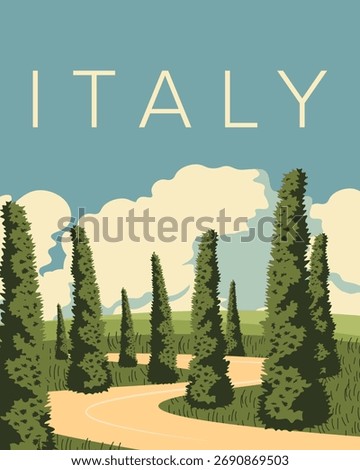 Vector illustration. Italy, Tuscany, path to the garden. Poster, banner, cover. Retro style.