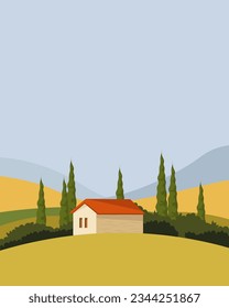 Vector illustration. Italy, Tuscany, winery, farm, village. Design for poster, banner, advertisement, flyer. Agriculture, winemaking. Background for packaging.